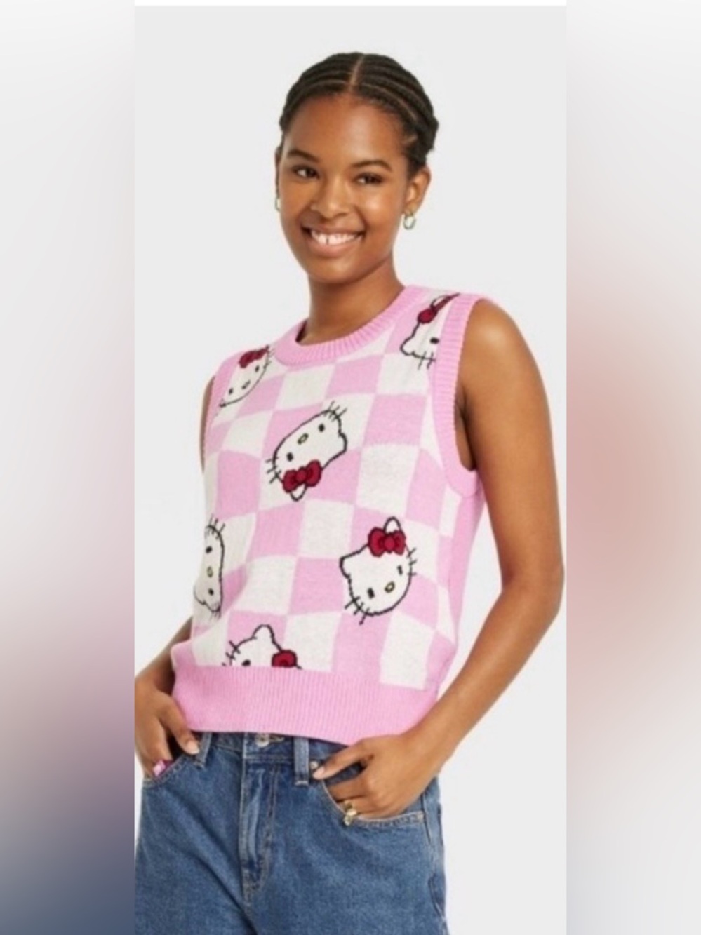 Hello Kitty Sanrio Pink Checkered Sweater Vest Small y2k